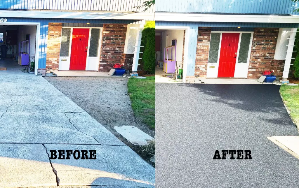 a before and after of a driveway with rubber paving